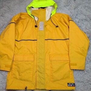 Vintage‎ Against The Elements Jacket Mens M Yellow Rain Coat Packable Hood